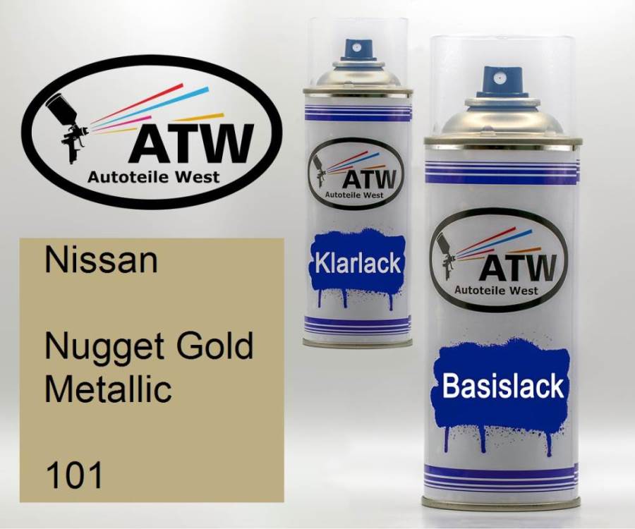 Nissan, Nugget Gold Metallic, 101: 400ml Sprühdose + 400ml Klarlack - Set, von ATW Autoteile West.